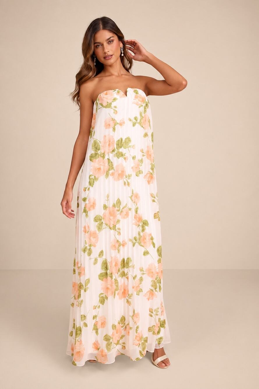 NWT Lulus Lael White Peach Floral Pleated Strapless Maxi Dress Medium